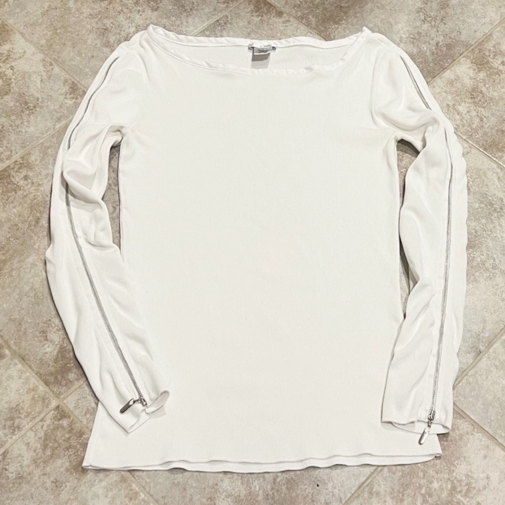 Cache boat neck ribbed knit stretchy lightweight sweater white small zipper